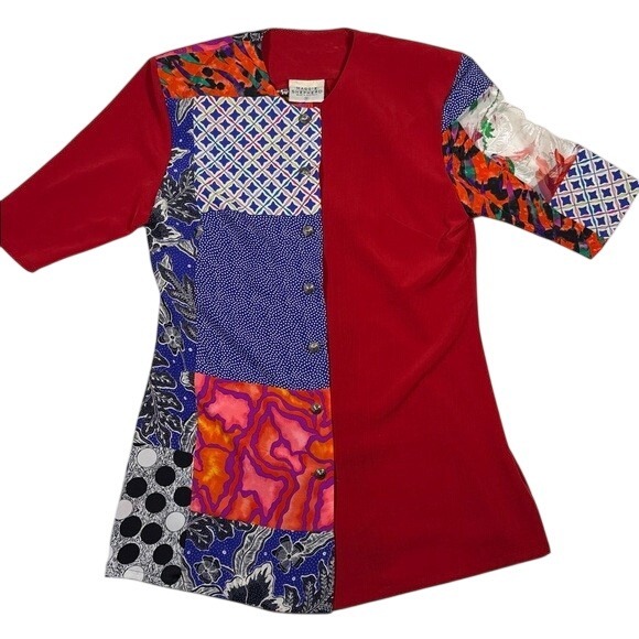 Maggie Shepherd Tops - Maggie Shepherd Australia Red‎ Patchwork Mixed Print Button Front Top Womens S